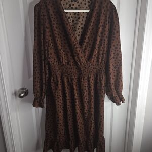 SHEIN Brown and Black Polka Dot Long Sleeve Dress